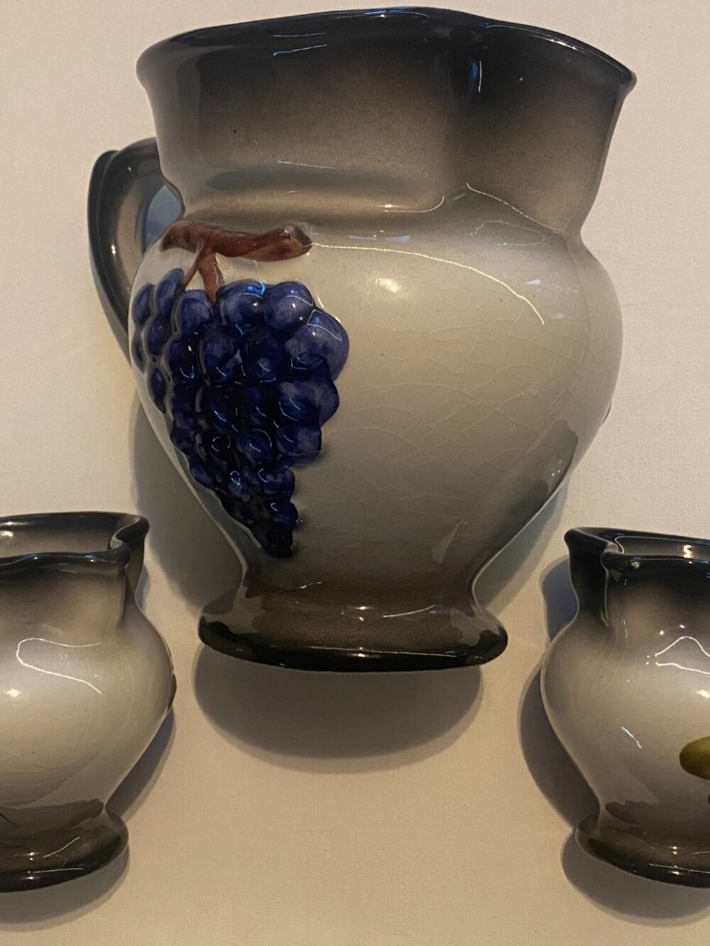 Vintage grapes motif Boccalino Italian pottery wine serving jug &  2 small jugs